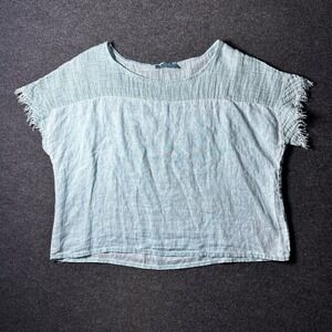 Tina Stephens Italy Linen Cotton Top Blue Frayed Crop OS ART 06524